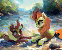 Size: 1534x1238 | Tagged: safe, artist:yidwags, autumn blaze, cinder glow, summer flare, kirin, g4, cloven hooves, duo, lying down, painterly, painting, river, tree, water