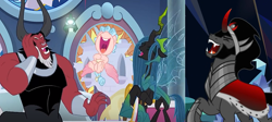 Size: 1421x637 | Tagged: safe, edit, screencap, cozy glow, king sombra, lord tirek, queen chrysalis, alicorn, centaur, changeling, changeling queen, pony, unicorn, g4, the beginning of the end, the ending of the end, alicornified, antagonist, bell, belly, cackling, cozycorn, cropped, evil laugh, grogar's bell, laughing, legion of doom, male, mean three, race swap, stallion, ultimate chrysalis