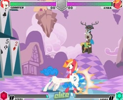 Size: 1118x910 | Tagged: safe, artist:tom artista, discord, lyra heartstrings, earth pony, pony, unicorn, fighting is magic, fighting is magic - roots, equestria girls, g4, lost and found, chaos, discorded landscape, discorded ponyville, fan game, game, new, palette swap, recolor, scooter, weird