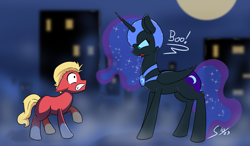 Size: 1853x1080 | Tagged: safe, artist:soccy, nightmare moon, sprout cloverleaf, alicorn, earth pony, pony, mlp fim's thirteenth anniversary, g4, g5, boo, building, female, fog, generation leap, looking at each other, looking at someone, looking up, male, mare, moon, nightmare moon armor, nightmare night, raised hoof, shocked, shocked expression, stallion, unimpressed