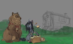 Size: 1461x891 | Tagged: safe, artist:purple-blep, oc, bear, pony, unicorn, gypsy pony, scenery, wip