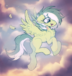 Size: 712x762 | Tagged: safe, artist:flixanoa, oc, oc only, pegasus, pony, bangs, bite mark, chest fluff, cloud, cloudy, fangs, feather, feathered wings, female, floppy ears, flying, hair over one eye, mare, mohawk, pegasus oc, scratches, solo, split hair, stars, sunset, underhoof, wings