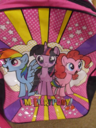 Size: 828x1104 | Tagged: safe, artist:humanmuck, pinkie pie, rainbow dash, twilight sparkle, alicorn, earth pony, pegasus, pony, g4, backpack, bootleg, lost in translation, merchandise, twilight sparkle (alicorn), you had one job