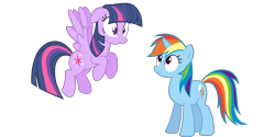 Size: 3840x1920 | Tagged: safe, artist:sapoltop, edit, rainbow dash, twilight sparkle, pegasus, pony, unicorn, g4, backwards cutie mark, duo, duo female, female, floppy ears, magical mishap, mare, pegasus twilight sparkle, race swap, simple background, transparent background, unicorn rainbow dash