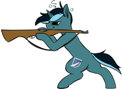 Size: 1288x940 | Tagged: safe, artist:sondy, oc, oc only, oc:sol nightshade, pony, unicorn, bipedal, drunk, drunk bubbles, gun, horn, male, rifle, simple background, solo, stallion, transparent background, unicorn oc, weapon, you're doing it wrong