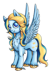 Size: 2249x3025 | Tagged: safe, artist:coco-drillo, oc, oc only, oc:aurela, pegasus, pony, big eyes, chest fluff, ear fluff, high res, hoof fluff, long mane, looking at you, mascot, simple background, smiling, smiling at you, solo, spread wings, standing, transparent background, unshorn fetlocks, wings