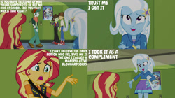 Size: 1280x719 | Tagged: safe, edit, edited screencap, editor:quoterific, screencap, scott green, sophisticata, sunset shimmer, trixie, wiz kid, equestria girls, equestria girls specials, g4, my little pony equestria girls: better together, my little pony equestria girls: forgotten friendship, lockers, stars, text edit