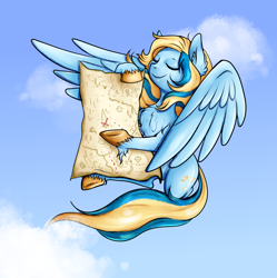 Size: 3990x4000 | Tagged: safe, artist:coco-drillo, oc, oc only, oc:aurela, pony, unicorn, chest fluff, cloud, ear fluff, flying, hoof fluff, map, mascot, sky, smiling, smug, solo, spread wings, unshorn fetlocks, wings