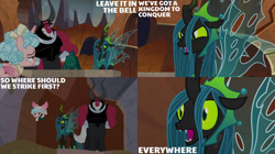 Size: 1280x719 | Tagged: safe, edit, edited screencap, editor:quoterific, screencap, cozy glow, lord tirek, queen chrysalis, alicorn, pony, g4, the ending of the end, alicornified, bell, cozycorn, grogar's bell, race swap, ultimate chrysalis