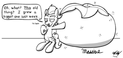 Size: 1050x500 | Tagged: safe, artist:ebbysharp, sprout cloverleaf, earth pony, pony, g5, beet, confident, food, inktober, inktober 2023, male, massive, monochrome, open mouth, open smile, smiling, solo, stallion, tomato