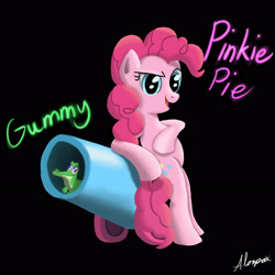 Size: 3150x3150 | Tagged: safe, artist:alorpax, gummy, pinkie pie, alligator, earth pony, pony, g4, bipedal, high res, party cannon