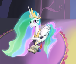 Size: 2214x1872 | Tagged: safe, artist:alorpax, princess celestia, pony, g4, inkwell, lying down, prone, quill, scroll, solo