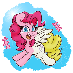 Size: 2080x2080 | Tagged: safe, artist:lou, pinkie pie, surprise, pegasus, pony, mlp fim's thirteenth anniversary, g1, g4, cute, diapinkes, emanata, female, fusion, g1 to g4, generation leap, half, high res, looking at you, mare, open mouth, open smile, pinkieprise (fusion), smiling, spread wings, wings