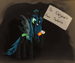 Size: 1649x1387 | Tagged: safe, artist:alorpax, queen chrysalis, changeling, changeling queen, g4, angry, cheese, cheeselegs, food, gritted teeth, implied princess celestia, present, solo, teeth, trollestia