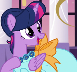 Size: 1065x1000 | Tagged: safe, screencap, twilight sparkle, alicorn, pony, g4, make new friends but keep discord, season 5, alternate hairstyle, beautiful, clothes, cropped, dress, female, folded wings, gala, gala dress, grand galloping gala, hair bun, hoof on chest, jewelry, mare, necklace, open mouth, smiling, solo, twilight sparkle (alicorn), wings