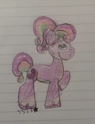 Size: 828x1077 | Tagged: safe, artist:starrscout-23, cheerilee (g3), earth pony, pony, g3, g3.5, alternate cutie mark, coat markings, female, heart ears, lined paper, mare, pigtails, raised hoof, redesign, side view, signature, smiling, socks (coat markings), traditional art, unshorn fetlocks