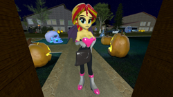 Size: 1920x1080 | Tagged: safe, artist:oatmeal!, sunset shimmer, ghost, human, undead, equestria girls, g4, 3d, accessory swap, bag, bat wings, bone, breasts, candy bag, cleavage, clothes, costume, decoration, eyebrows, gmod, halloween, halloween costume, holiday, humanized, looking at you, pumpkin, raised eyebrow, rouge the bat, rouge the bat costume, skeleton, skull, solo, sonic the hedgehog (series), standing, trick or treat, wings