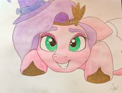 Size: 2164x1665 | Tagged: safe, artist:engi, pipp petals, pegasus, pony, g5, adorapipp, crown, cute, female, hat, jewelry, mare, regalia, simple background, smiling, solo, traditional art, watercolor painting, witch petals