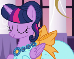 Size: 1142x918 | Tagged: safe, screencap, twilight sparkle, alicorn, pony, g4, make new friends but keep discord, season 5, alternate hairstyle, beautiful, clothes, cropped, dress, elegant, eyes closed, female, folded wings, gala, gala dress, grand galloping gala, hair bun, jewelry, mare, necklace, smiling, solo, twilight sparkle (alicorn), wings