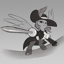 Size: 2500x2500 | Tagged: source needed, safe, artist:syrupyyy, oc, oc only, oc:blue angel, pegasus, pony, clothes, coat, fantasy class, female, hat, high res, mare, milf, monochrome, rapier, sketch, solo, sword, weapon