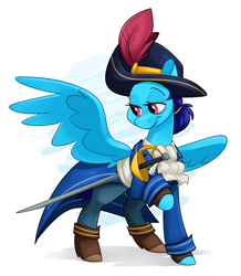 Size: 2445x2808 | Tagged: source needed, safe, artist:luximus17, oc, oc only, oc:blue angel, pegasus, pony, clothes, coat, fantasy class, female, hat, high res, mare, milf, rapier, shoes, solo, sword, weapon, wings