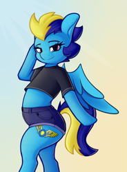 Size: 2193x2973 | Tagged: source needed, safe, artist:andelai, oc, oc only, oc:blue angel, pegasus, semi-anthro, arm hooves, clothes, denim, denim shorts, female, high res, looking at you, milf, pinup, short shirt, shorts, solo, wings
