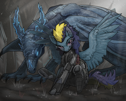 Size: 1500x1200 | Tagged: safe, artist:jekeita, oc, oc only, oc:blue angel, dragon, pegasus, pony, armor, power armor, wings