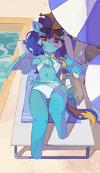 Size: 3006x5209 | Tagged: safe, artist:saxopi, oc, oc only, oc:blue angel, pegasus, semi-anthro, arm hooves, belly button, bikini, bocas top, clothes, cute, female, mare, midriff, milf, sarong, solo, sunglasses, swimming pool, swimsuit, towel, umbrella, wings