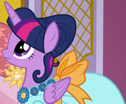 Size: 748x617 | Tagged: safe, screencap, twilight sparkle, alicorn, pony, g4, make new friends but keep discord, season 5, alternate hairstyle, clothes, cropped, dress, female, frown, gala dress, mare, offscreen character, solo focus, twilight sparkle (alicorn)