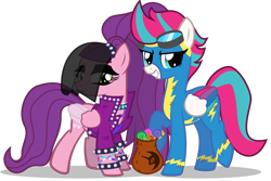 Size: 1125x750 | Tagged: safe, artist:the smiling pony, derpibooru exclusive, coloratura, pipp petals, zipp storm, pegasus, pony, mlp fim's thirteenth anniversary, g4, g5, .svg available, candy, clothes, costume, countess coloratura, duo, female, food, g5 to g4, generation leap, grin, looking at you, nightmare night, royal sisters (g5), siblings, simple background, sisters, smiling, transparent background, uniform, vector, wonderbolt zipp, wonderbolts uniform