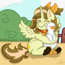 Size: 2048x2048 | Tagged: safe, artist:duckyia, oc, alicorn, bird, duck, pony, animal, bow, cute, hair bow, high res, hug, pets, sitting, solo, spread wings, wings