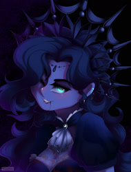 Size: 1280x1683 | Tagged: safe, artist:natanvok, princess luna, human, g4, abstract background, big breasts, blood, breasts, busty princess luna, clothes, crown, dripping blood, ear piercing, earring, humanized, jewelry, looking away, one eye closed, piercing, pony coloring, regalia, solo