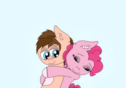 Size: 4095x2863 | Tagged: safe, artist:thebronypony123, pinkie pie, oc, oc:braden, earth pony, pony, g4, blue background, cyan background, eyes closed, hug, male, simple background, smiling