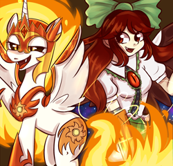 Size: 2080x2000 | Tagged: safe, artist:marubup, daybreaker, alicorn, human, pony, g4, bow, duo, duo female, fangs, female, hair bow, high res, lidded eyes, looking at you, mane of fire, mare, open mouth, reiuji utsuho, tail, tail of fire, touhou