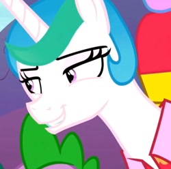 Size: 1030x1021 | Tagged: safe, screencap, princess celestia, spike, alicorn, pony, between dark and dawn, g4, bedroom eyes, clothes, face, female, grin, hawaiian shirt, mare, out of frame, ponytail, shirt, smiling, teeth