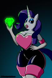 Size: 1000x1500 | Tagged: safe, artist:flashpointgear, rarity, unicorn, anthro, g4, bedroom eyes, breasts, chaos emerald, cleavage, clothes, costume, eyelashes, female, gradient background, hand on hip, latex, latex suit, lipstick, makeup, rouge the bat costume, solo, sonic the hedgehog (series)