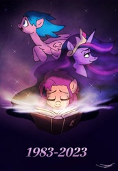 Size: 2817x4096 | Tagged: safe, artist:ringteam, firefly, sunny starscout, twilight sparkle, alicorn, earth pony, pegasus, pony, mlp fim's thirteenth anniversary, g1, g4, g5, the last problem, 40th anniversary, book, book of harmony, crying, older, older twilight, older twilight sparkle (alicorn), princess twilight 2.0, smiling, sunny and her heroine, tears of joy, twilight sparkle (alicorn)