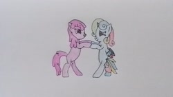 Size: 3264x1836 | Tagged: safe, artist:puzzlshield2, derpibooru exclusive, berry punch, berryshine, oc, oc:puzzle shield, alicorn, pony, g4, background pony, bipedal, colored wings, dancing, drawing, romance, special somepony, traditional art, wings