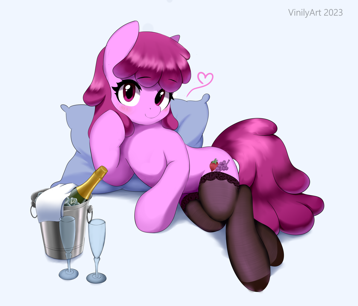 [alcohol,berry punch,berryshine,champagne,clothes,earth pony,female,heart,high res,mare,pillow,pony,safe,simple background,solo,stockings,thigh highs,wine,blue background,champagne glass,artist:vinilyart]