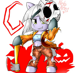 Size: 1009x964 | Tagged: safe, artist:a.s.e, limestone pie, earth pony, pony, g4, axe, belly button, bipedal, clothes, costume, female, halloween, holiday, jason voorhees, mare, weapon