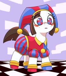 Size: 2543x2930 | Tagged: safe, artist:pabbley, earth pony, pony, blush sticker, blushing, checkered floor, eye clipping through hair, female, hat, high res, jester, jester hat, jester outfit, mare, pomni, ponified, ponmi, solo, the amazing digital circus
