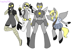 Size: 3264x2189 | Tagged: safe, artist:hayley566, derpy hooves, oc, oc only, oc:bubble bomber, oc:iron pegasus, oc:muffins the pegasus, oc:silver spider, human, mobian, pegasus, anthro, g4, :p, alternate hairstyle, armor, bag, belt, boots, clothes, commission, compression shorts, crossover, female, gloves, grenade, helmet, high res, hoodie, iron man, marvel, mask, non-mlp oc, shirt, shoes, simple background, skirt, sonic the hedgehog (series), sonicified, spider-man, spider-sona, superhero, supervillain, tongue out, transparent background