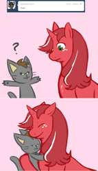 Size: 800x1394 | Tagged: safe, artist:redintravenous, oc, oc:red ribbon, cat, pony, unicorn, ask red ribbon, ask, female, hug, mare, solo