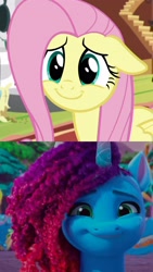 Size: 2160x3840 | Tagged: safe, edit, edited screencap, screencap, fluttershy, misty brightdawn, pegasus, pony, unicorn, family trees, fluttershy leans in, g4, g5, my little pony: make your mark, my little pony: make your mark chapter 5, season 7, spoiler:g5, spoiler:my little pony: make your mark, spoiler:my little pony: make your mark chapter 5, spoiler:mymc05e03, cropped, cute, female, fluttershy's cottage, high res, mare, misty and her heroine, mistybetes, rebirth misty, shyabetes, smiling