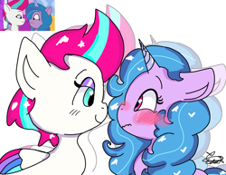 Size: 3300x2550 | Tagged: safe, artist:hellokitty030, izzy moonbow, zipp storm, pegasus, pony, unicorn, g5, my little pony: tell your tale, zipp's yes day, spoiler:g5, spoiler:my little pony: tell your tale, spoiler:tyts01e22, blushing, female, high res, lesbian, looking at each other, looking at someone, mare, scene interpretation, screencap reference, ship:zippzzy, shipping, simple background, white background