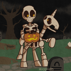 Size: 4096x4096 | Tagged: safe, artist:hoodrams, earth pony, skeleton pony, unicorn, bone, duo, gravestone, graveyard, halloween, holiday, jack-o-lantern, pumpkin, skeleton