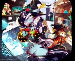 Size: 4084x3359 | Tagged: safe, artist:krissstudios, oc, oc only, oc:meowmix, oc:purapoint, cat, earth pony, pony, clothes, costume, cute, detailed background, earth pony oc, halloween, halloween costume, holiday, pony oc