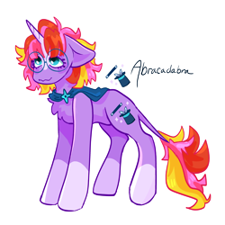 Size: 3600x3600 | Tagged: safe, artist:fhroggy, oc, oc only, oc:abracadabra, pony, unicorn, blaze (coat marking), cape, chest fluff, clothes, coat markings, facial markings, floppy ears, glasses, high res, leonine tail, name, offspring, parent:starlight glimmer, parent:sunburst, parents:starburst, round glasses, simple background, smiling, socks (coat markings), solo, tail, transparent background, wavy mouth