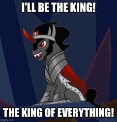 Size: 500x526 | Tagged: safe, edit, edited screencap, screencap, king sombra, pony, unicorn, g4, season 9, the beginning of the end, caption, clothes, crown, delusion, image macro, imgflip, jewelry, male, open mouth, open smile, pound puppies, pound puppies and the legend of big paw, regalia, robe, sitting, smiling, solo, stallion, text, throne