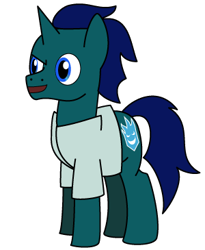 Size: 300x365 | Tagged: safe, artist:j-yoshi64, oc, oc only, oc:firebrand, pony, unicorn, analysis bronies, blue coat, blue mane, comic, dialogue, evil counterpart, human in equestria, male, palette swap, recolor, simple background, solo, stallion, transparent background